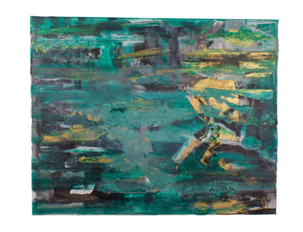 Abstract painting with green, blue, and gold colors on a white background